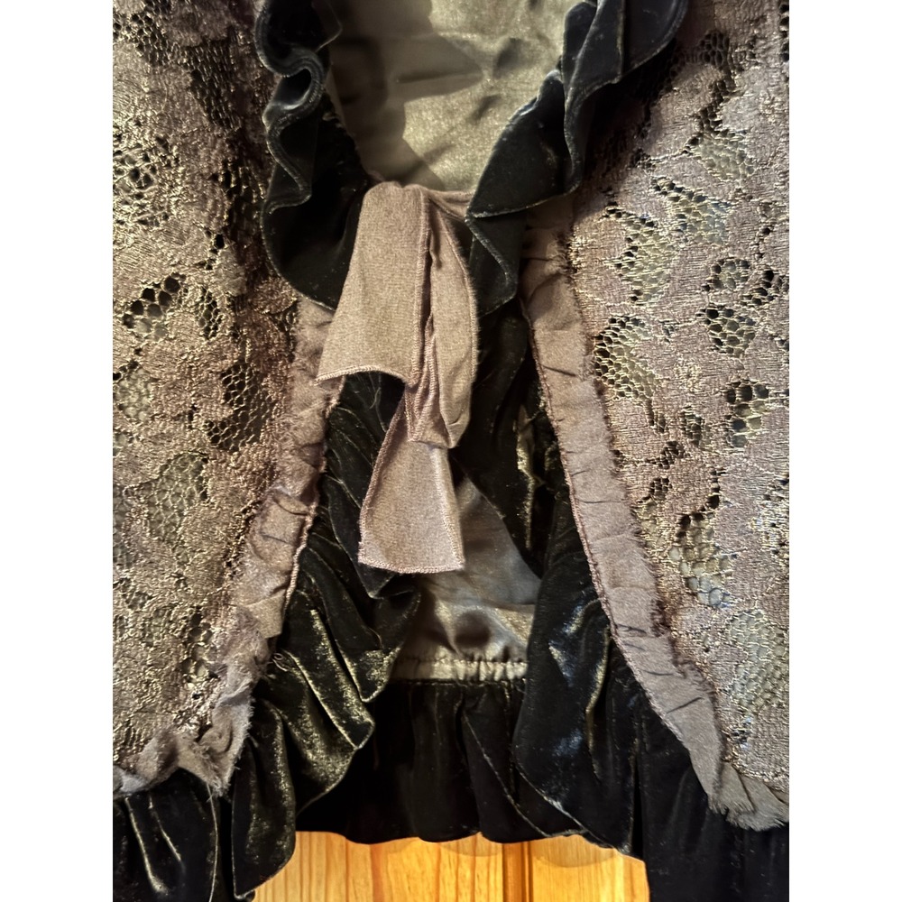 Nine West Black Lace Velvet Ruffle Jacket Open Front Tie Floral romantic Large - Picture 8 of 9